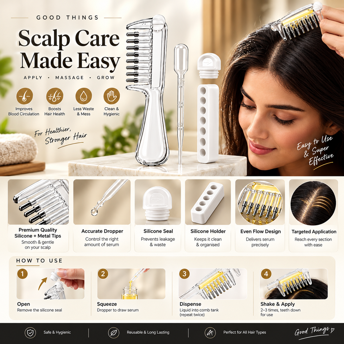 Hair Oil Applicator Comb with Oil Dispenser – Scalp Massage Comb
